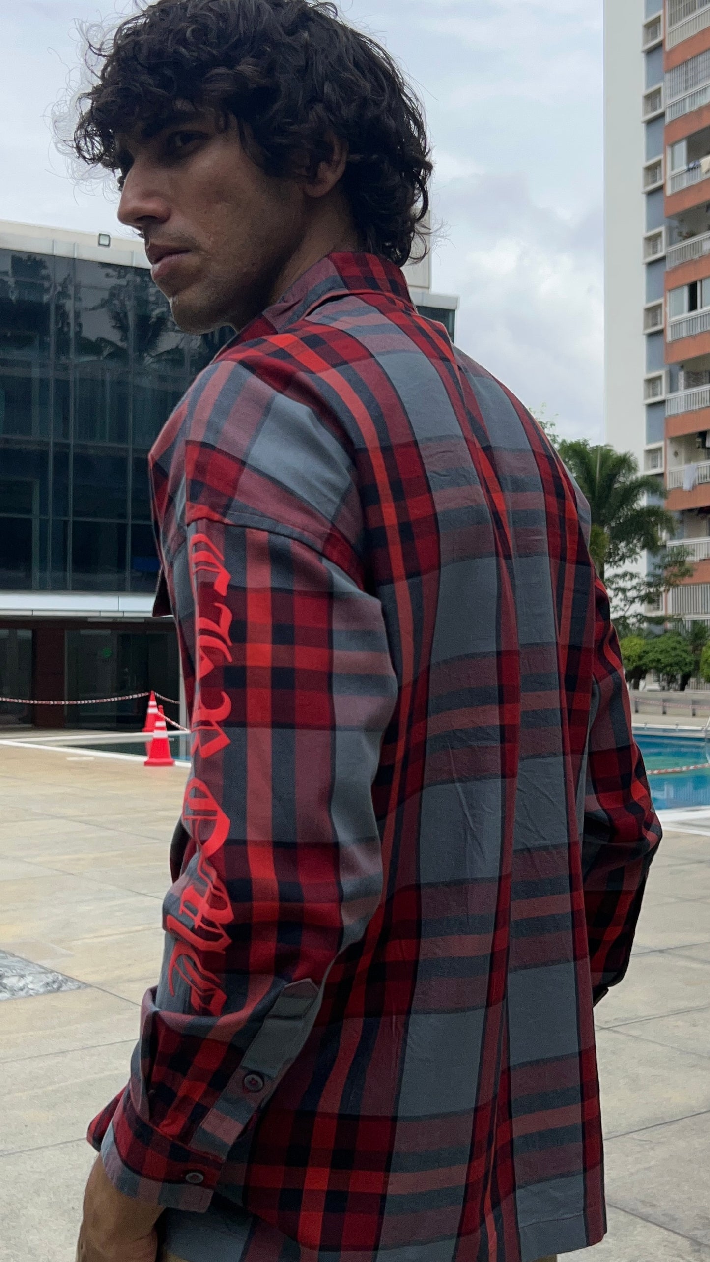 Red Plaid Shirt with Sleeve Print