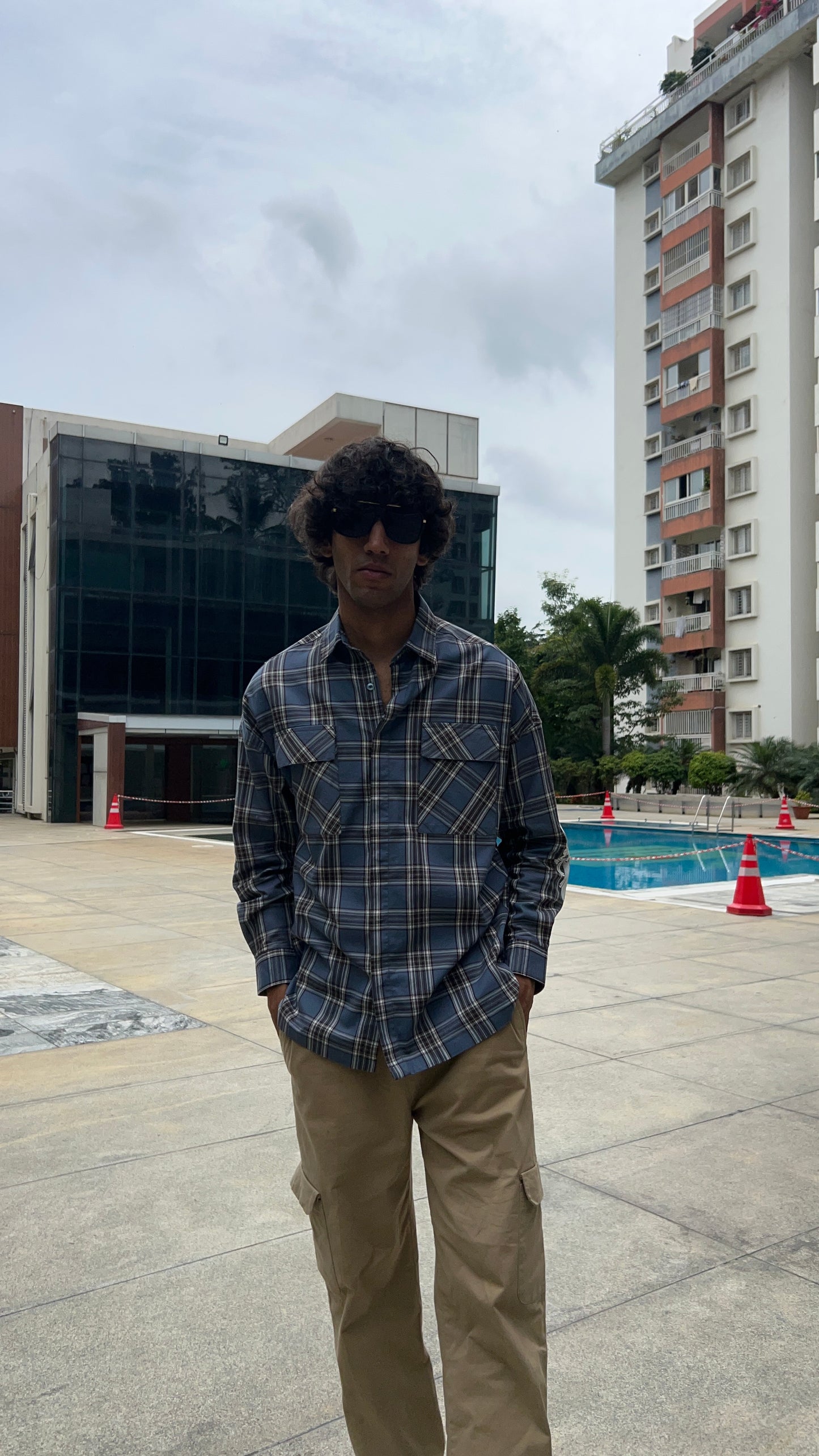 Navy Grey Checked Shirt with Flap Pockets