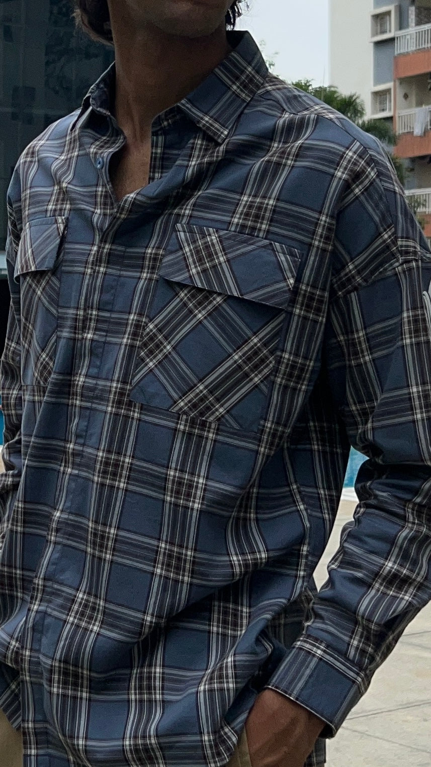 Navy Grey Checked Shirt with Flap Pockets