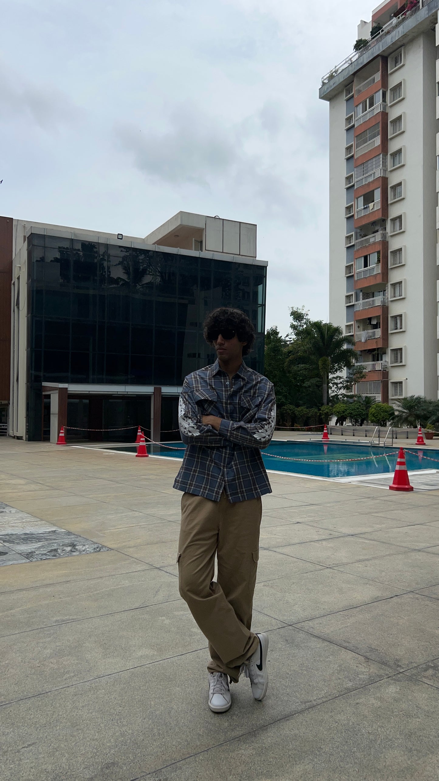 Navy Grey Checked Shirt with Flap Pockets