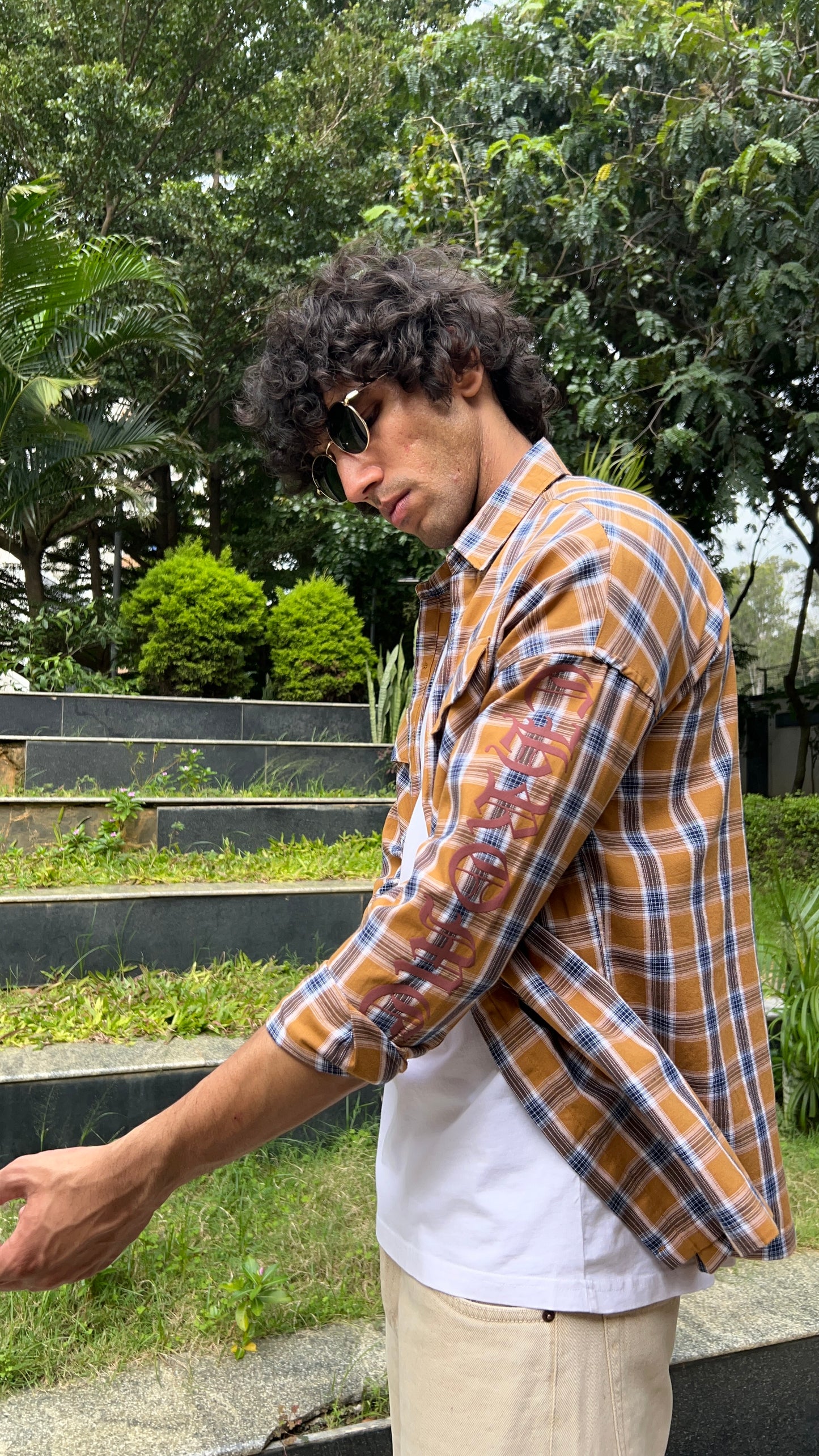 Mustard Blue Checked Shirt with Sleeve Print