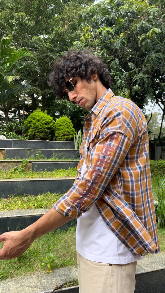 Mustard Blue Checked Shirt with Sleeve Print
