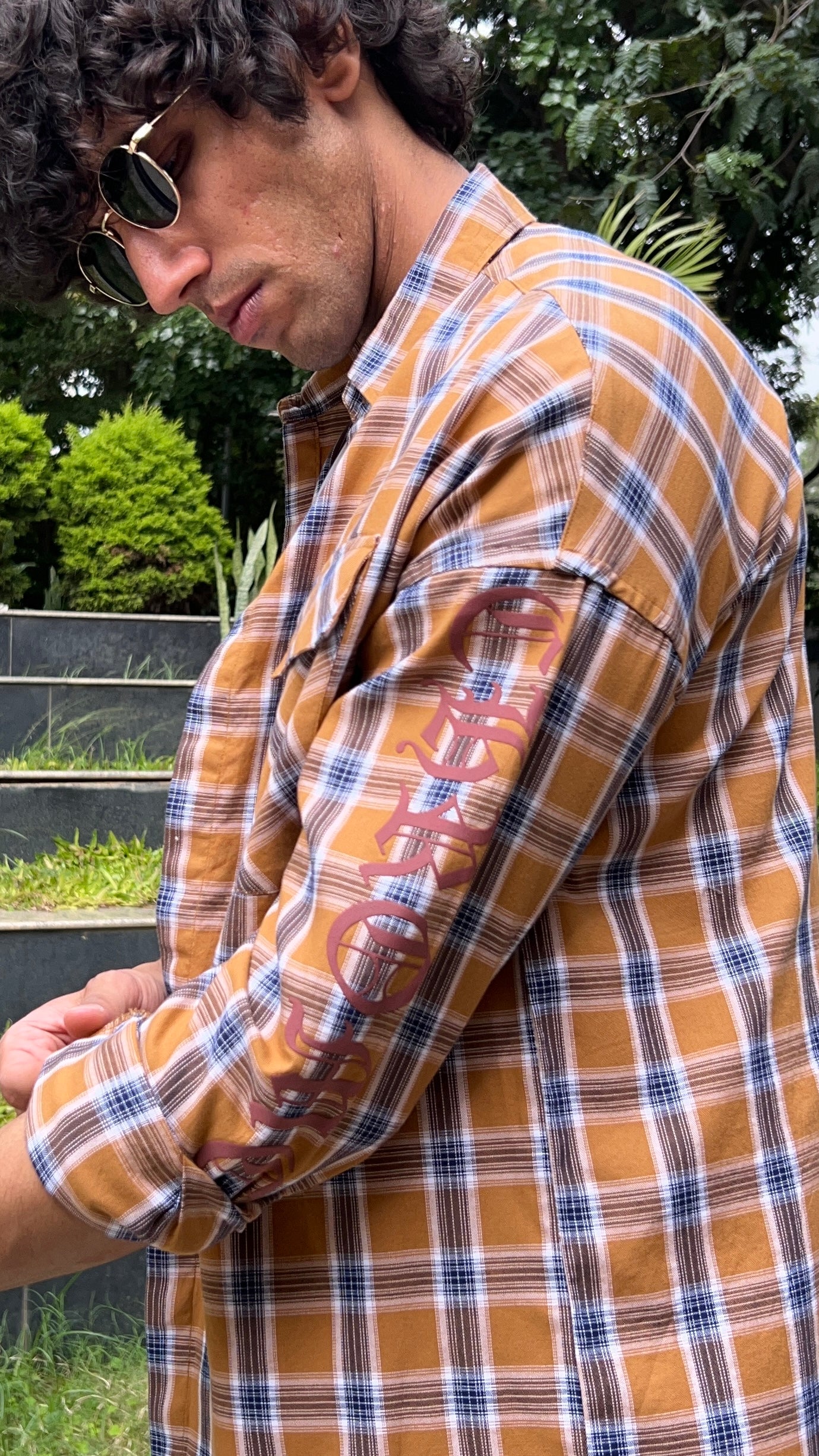 Mustard Blue Checked Shirt with Sleeve Print