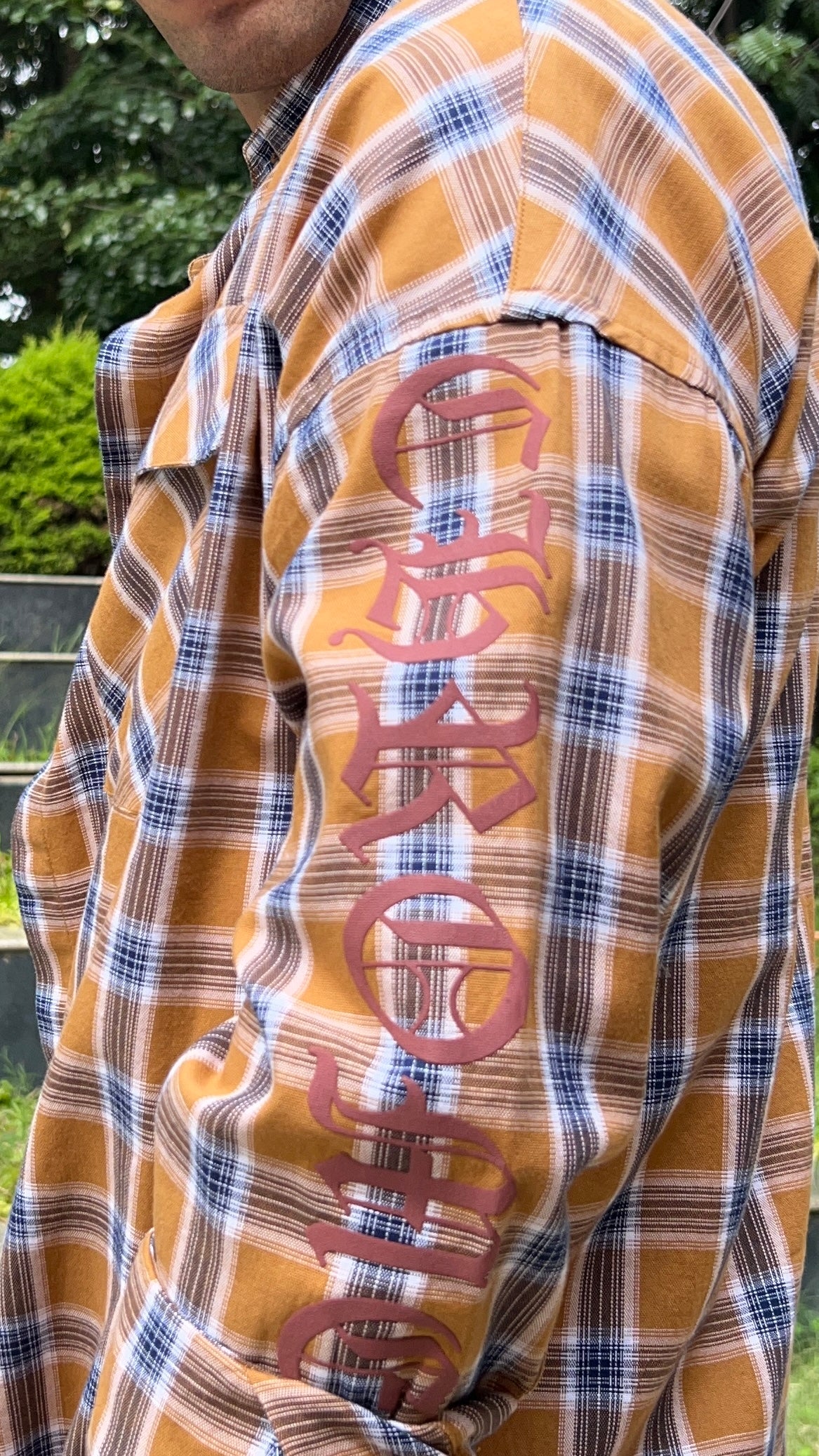 Mustard Blue Checked Shirt with Sleeve Print