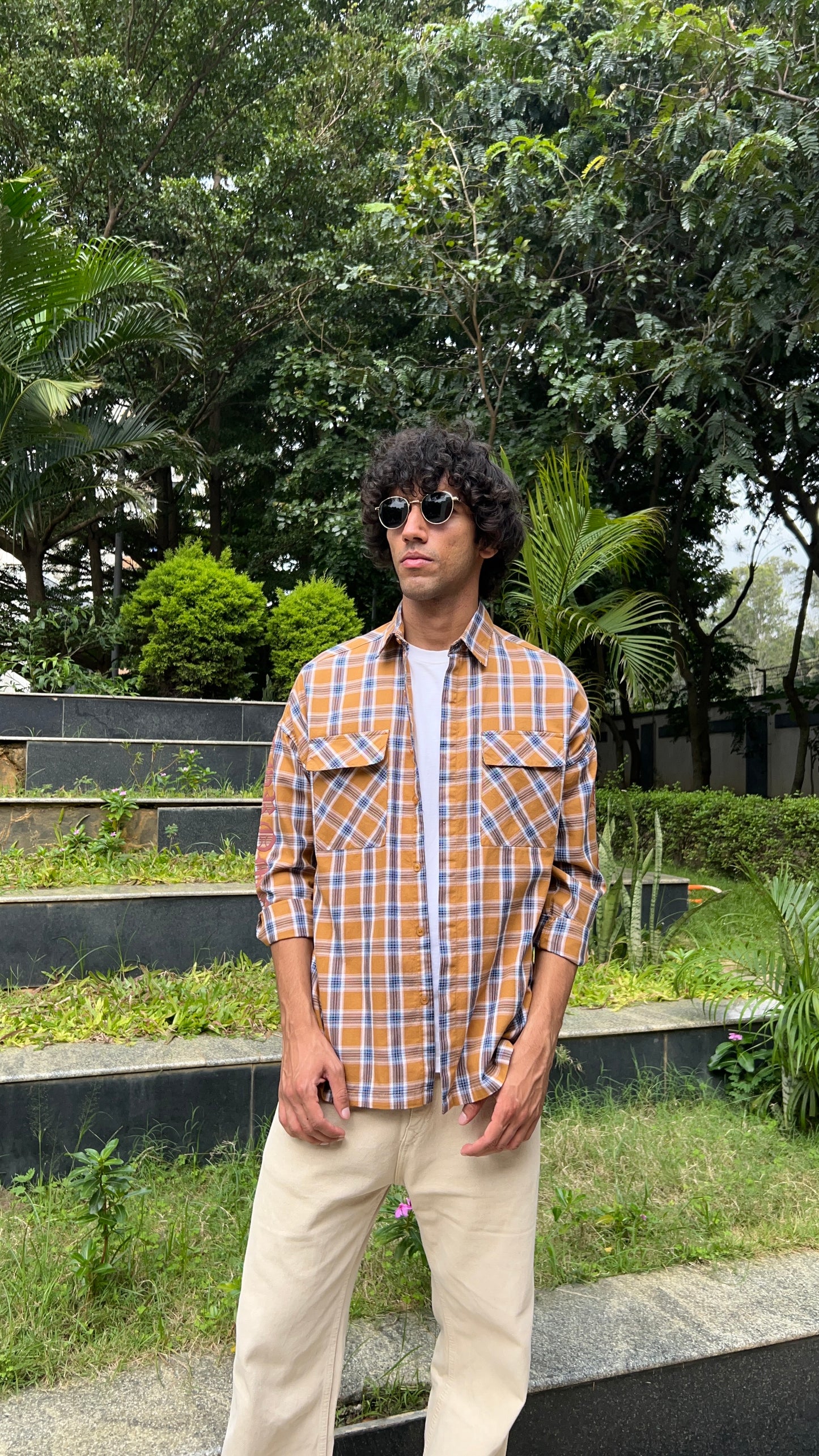 Mustard Blue Checked Shirt with Sleeve Print