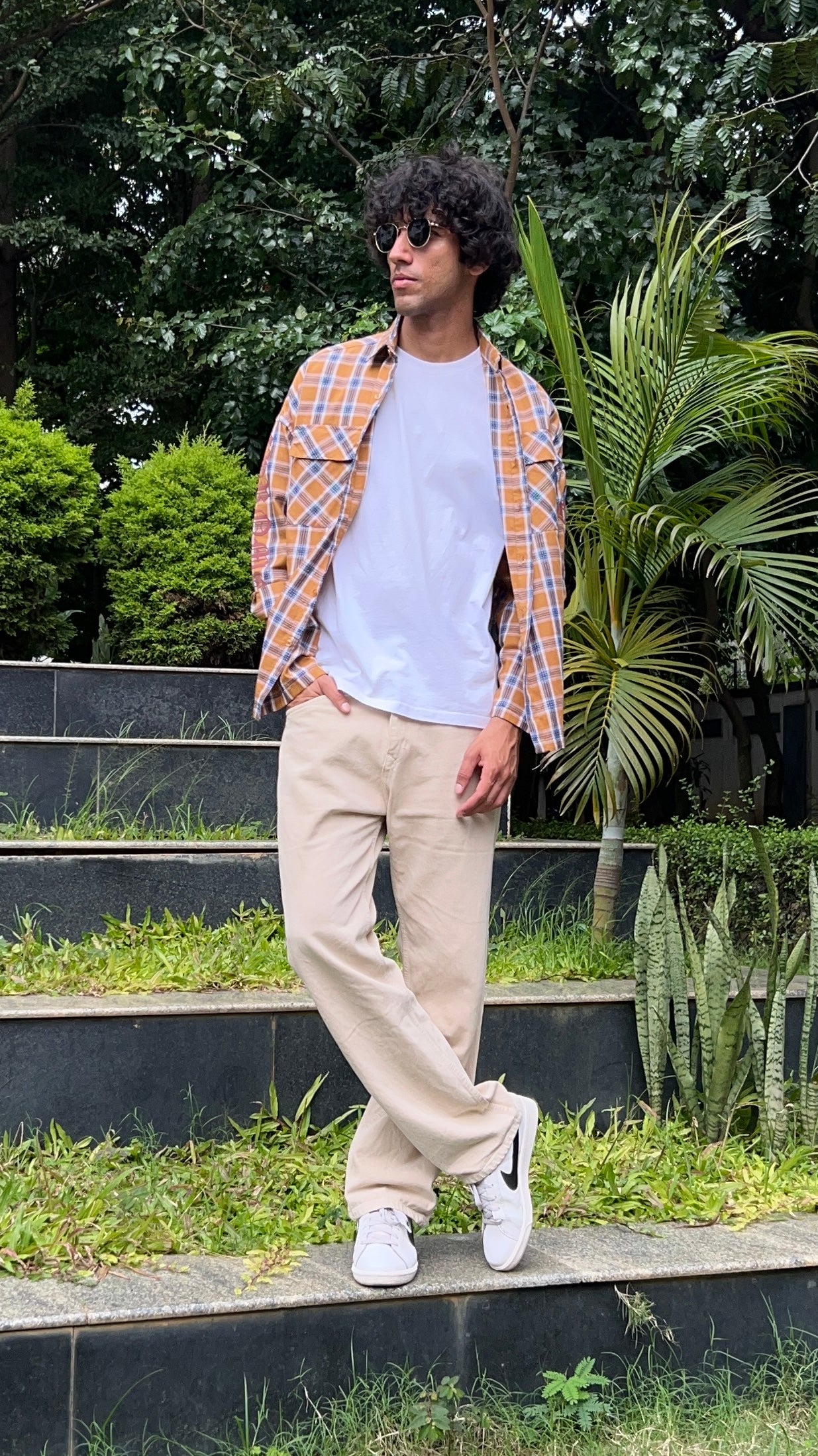Mustard Blue Checked Shirt with Sleeve Print