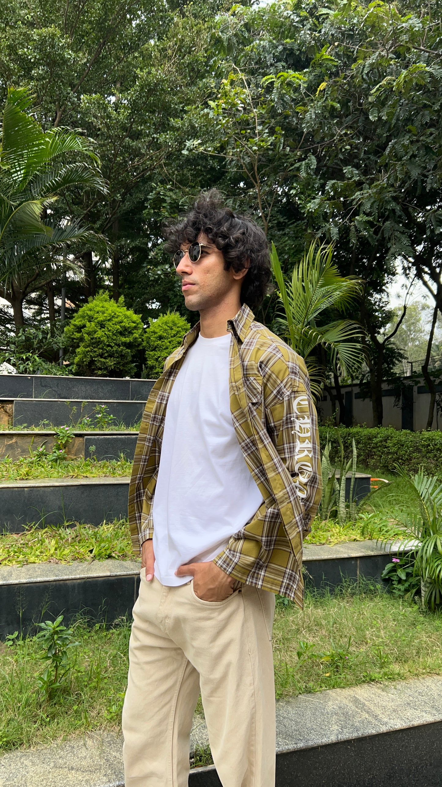Olive Brown Check Shirt with Sleeve Print