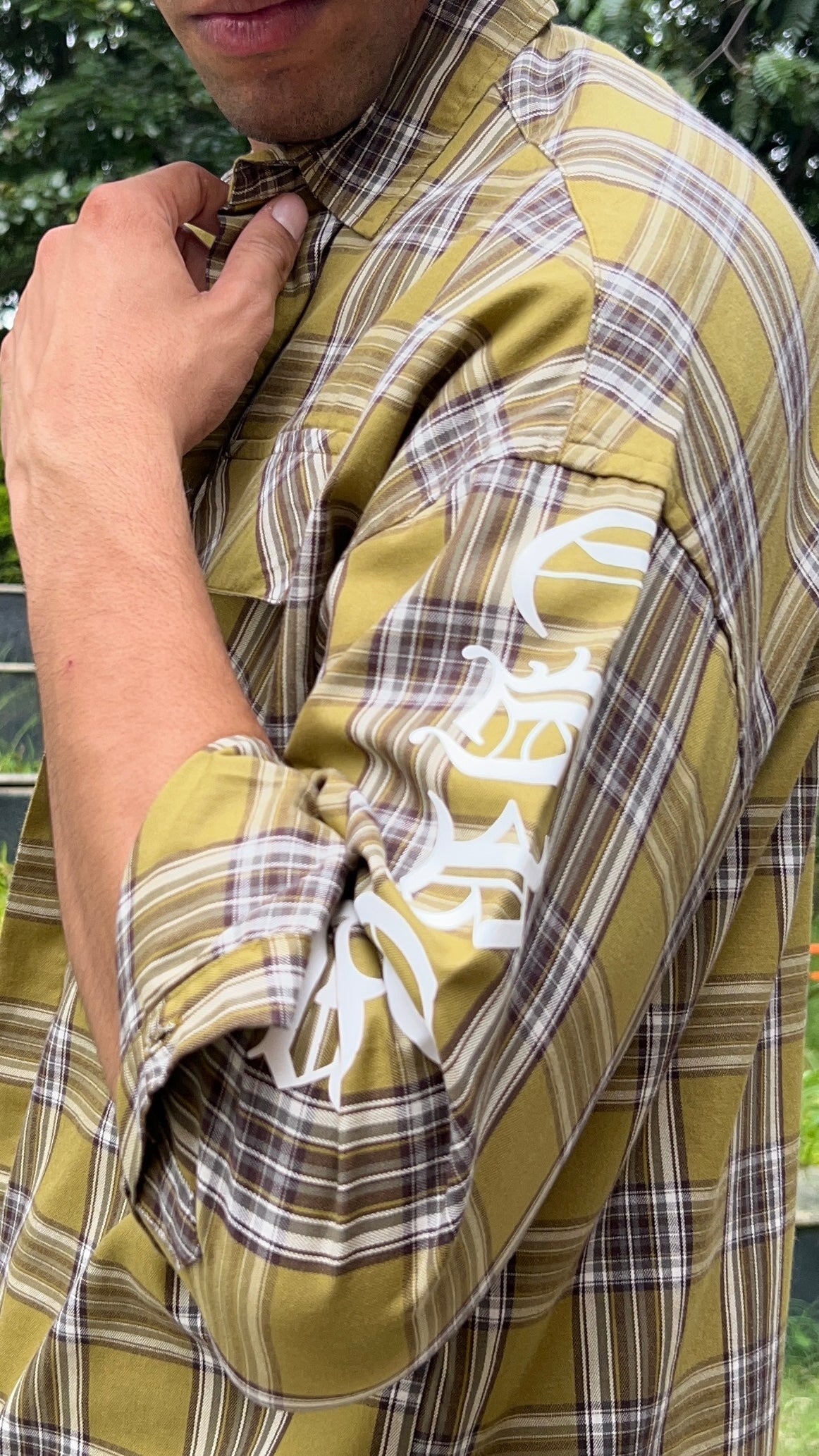 Olive Brown Check Shirt with Sleeve Print
