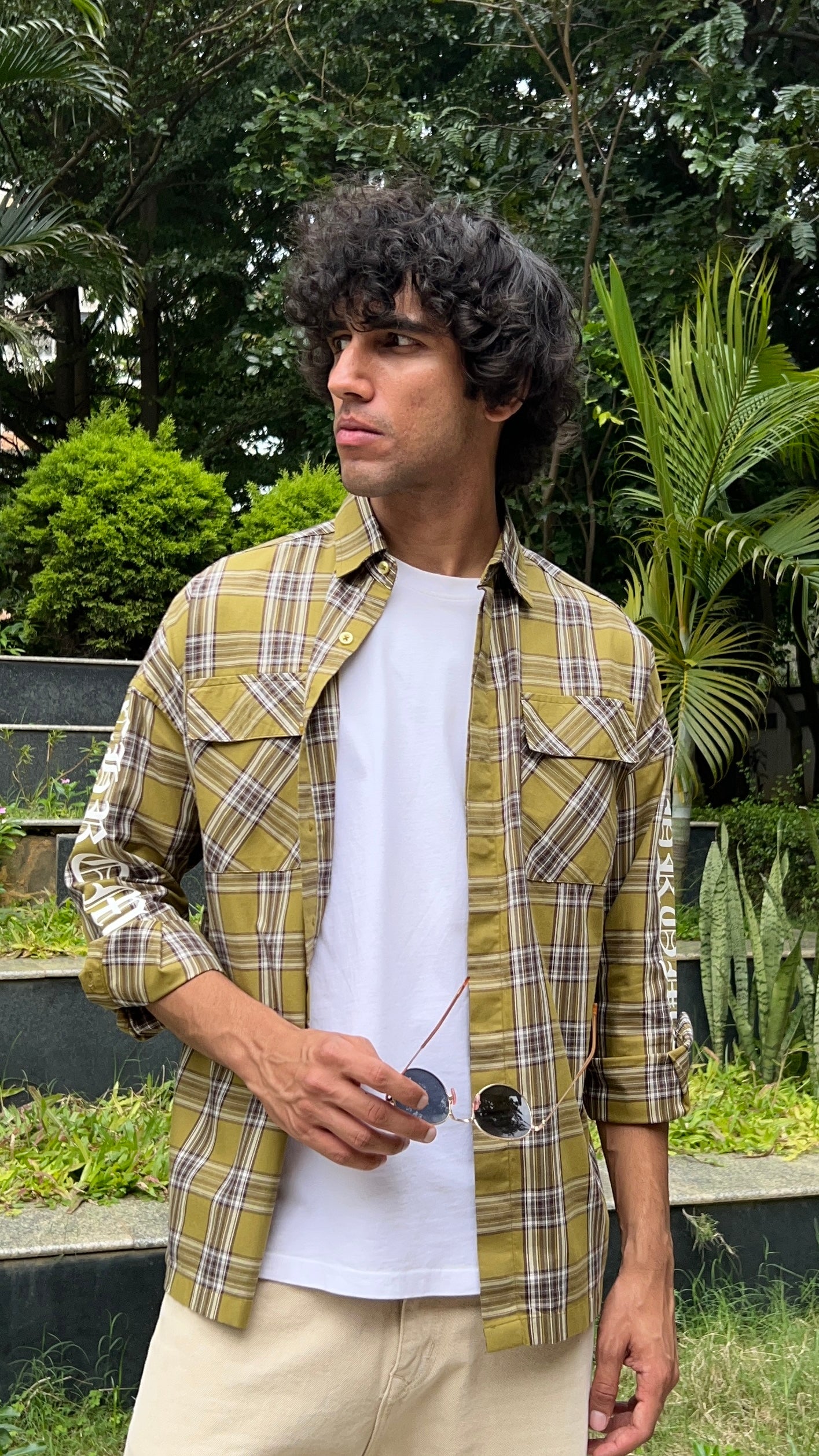 Olive Brown Check Shirt with Sleeve Print