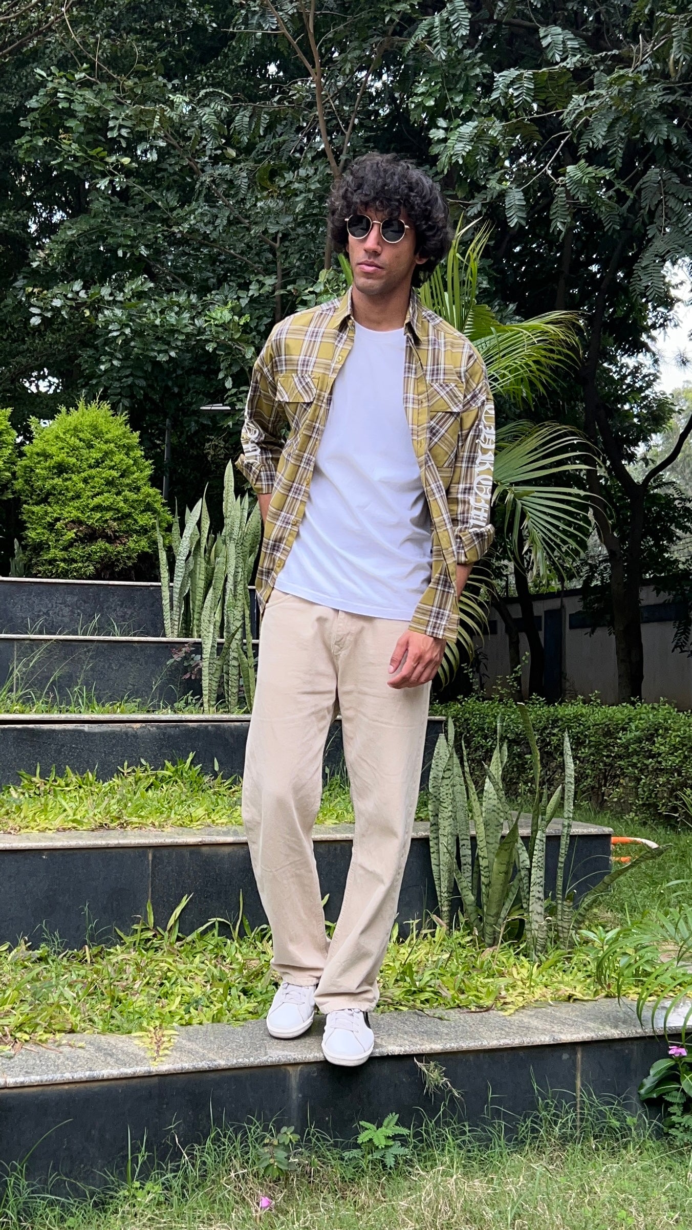 Olive Brown Check Shirt with Sleeve Print