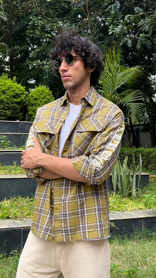 Olive Brown Check Shirt with Sleeve Print