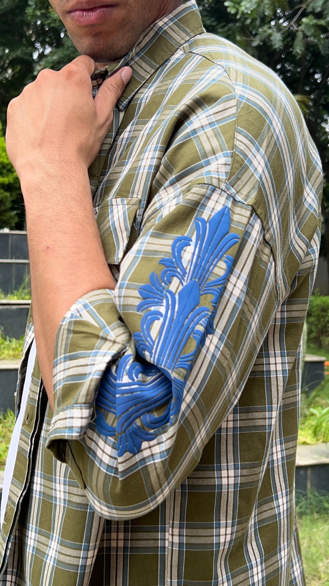 Olive Check Drop Shoulder Shirt