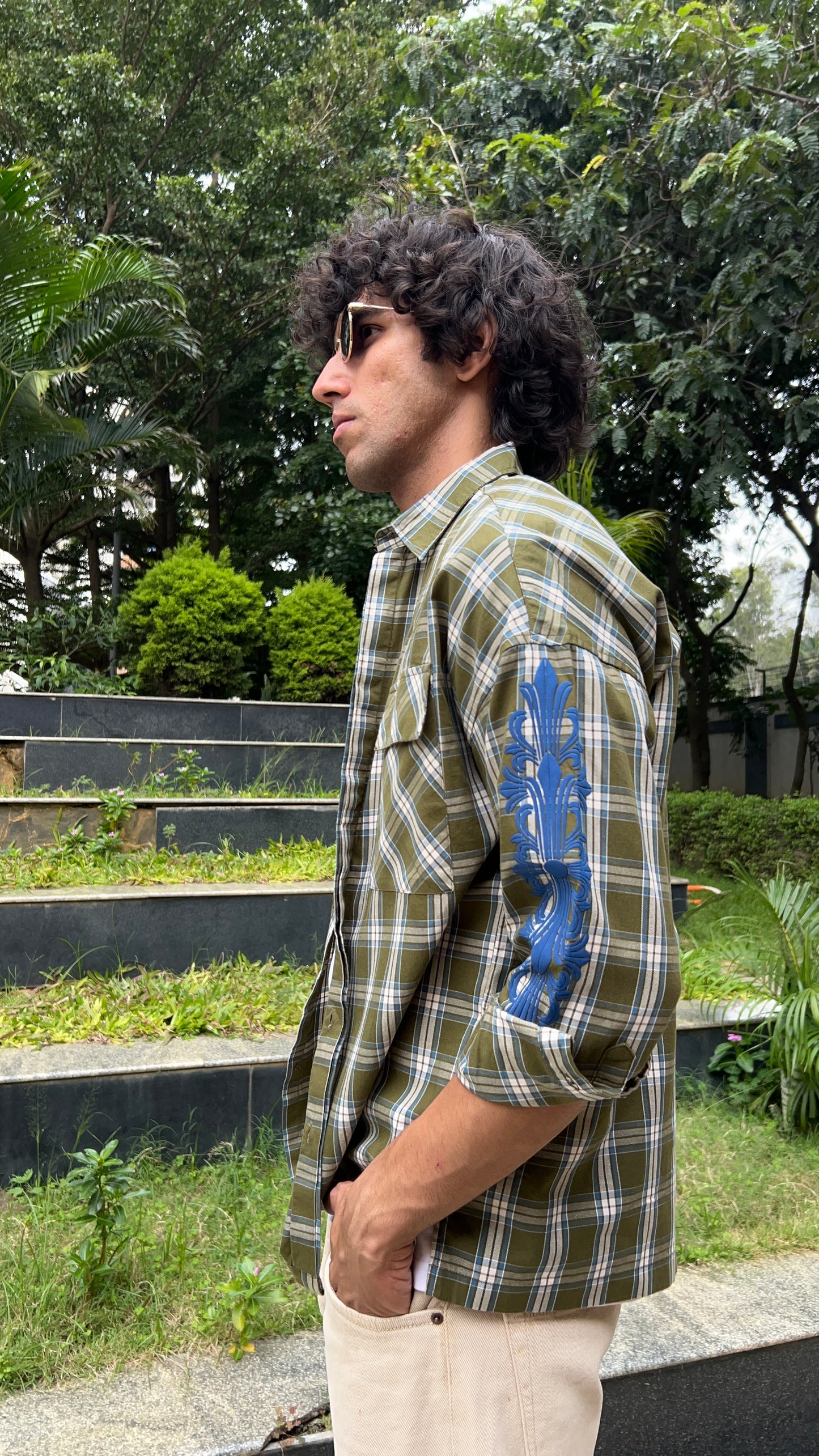 Olive Check Drop Shoulder Shirt