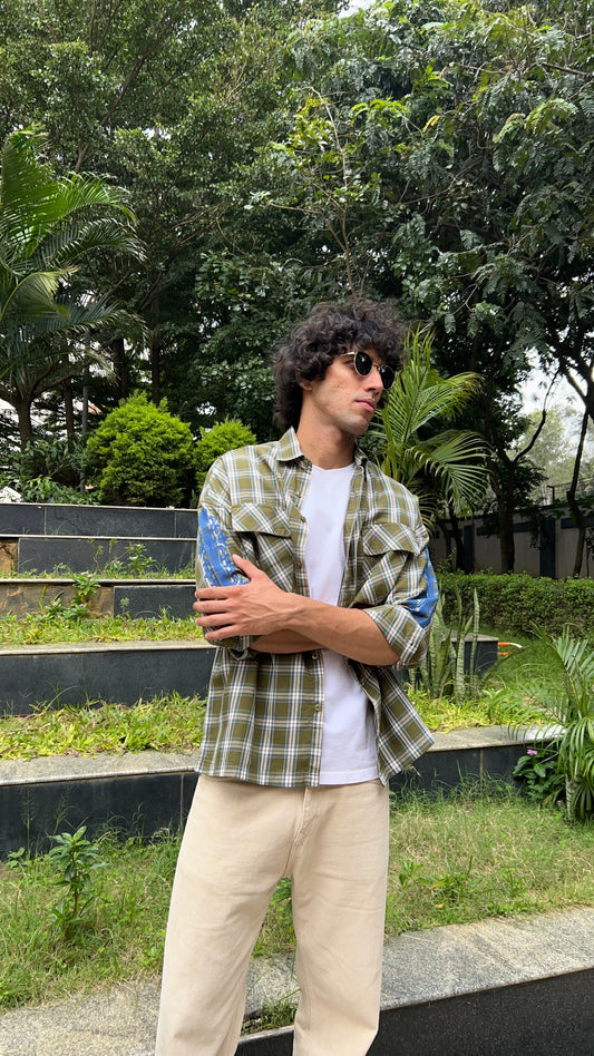 Olive Check Drop Shoulder Shirt