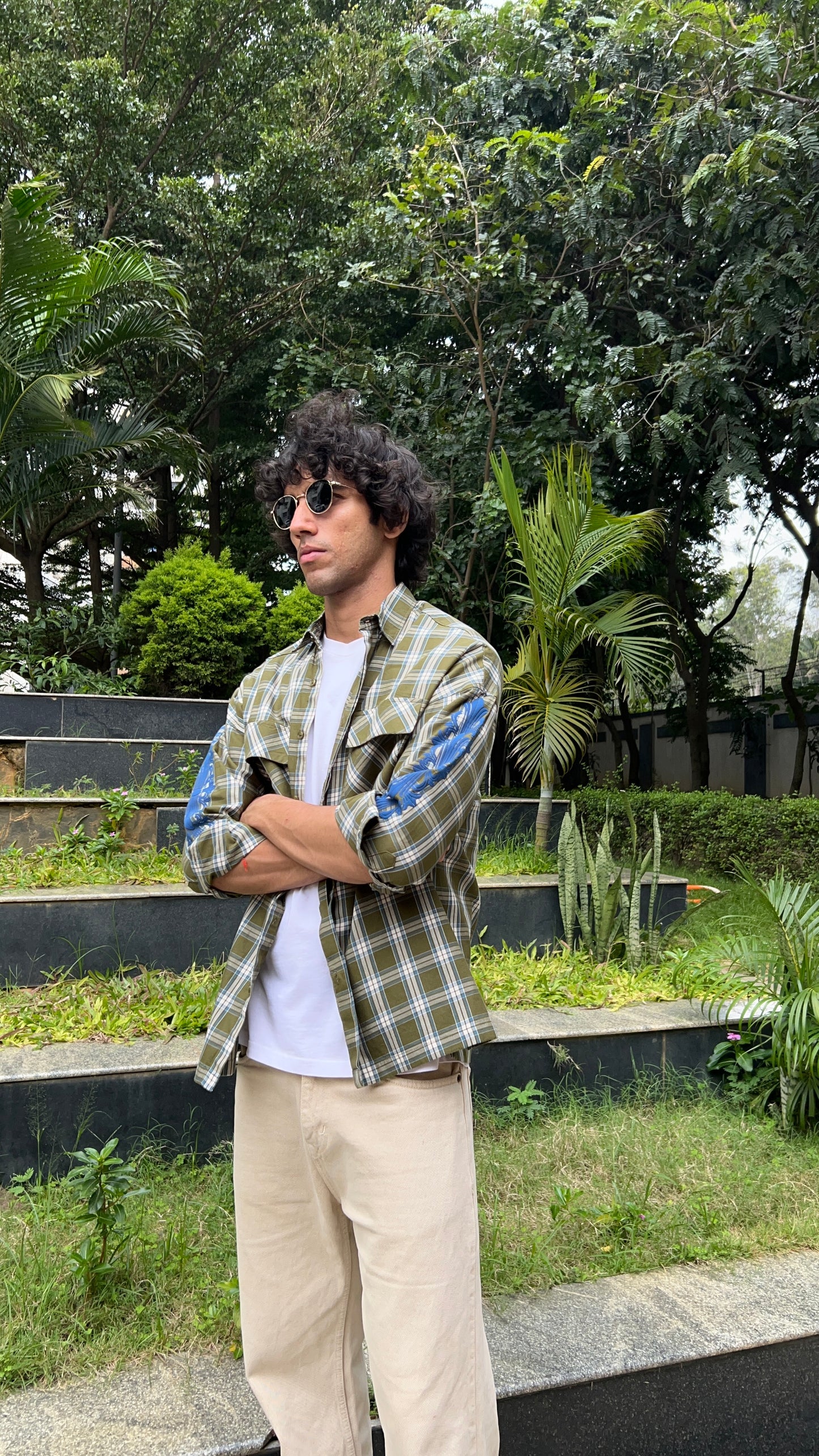 Olive Check Drop Shoulder Shirt