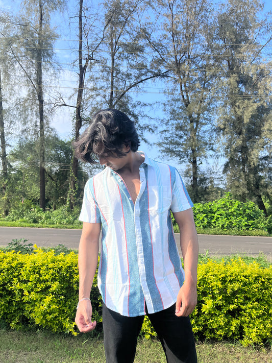 Half-Sleeve Pastel Multi-Stripe Cotton Shirt