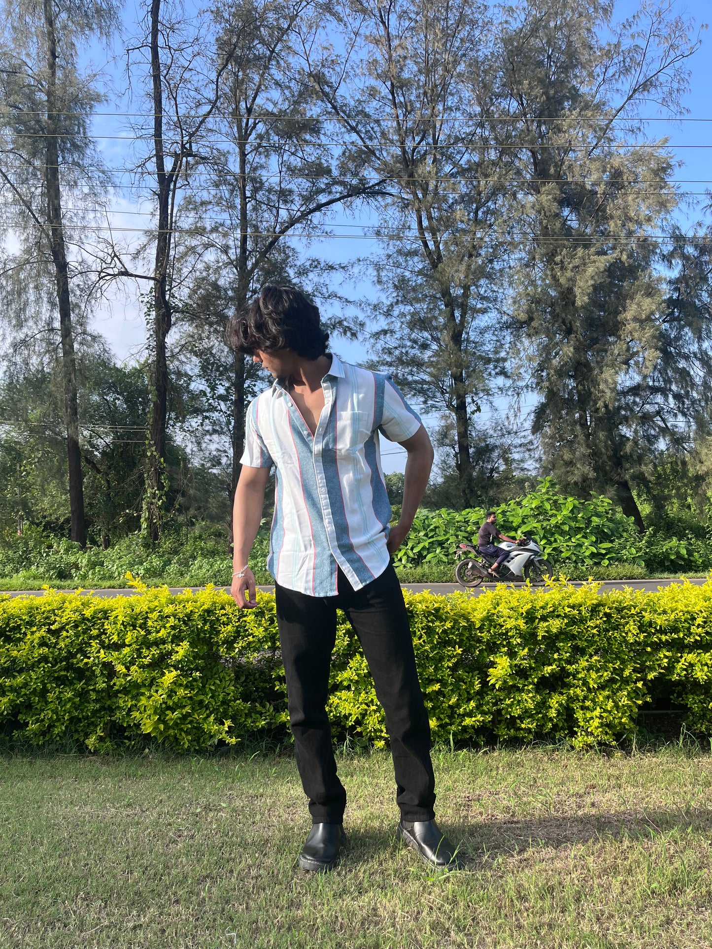 Half-Sleeve Pastel Multi-Stripe Cotton Shirt
