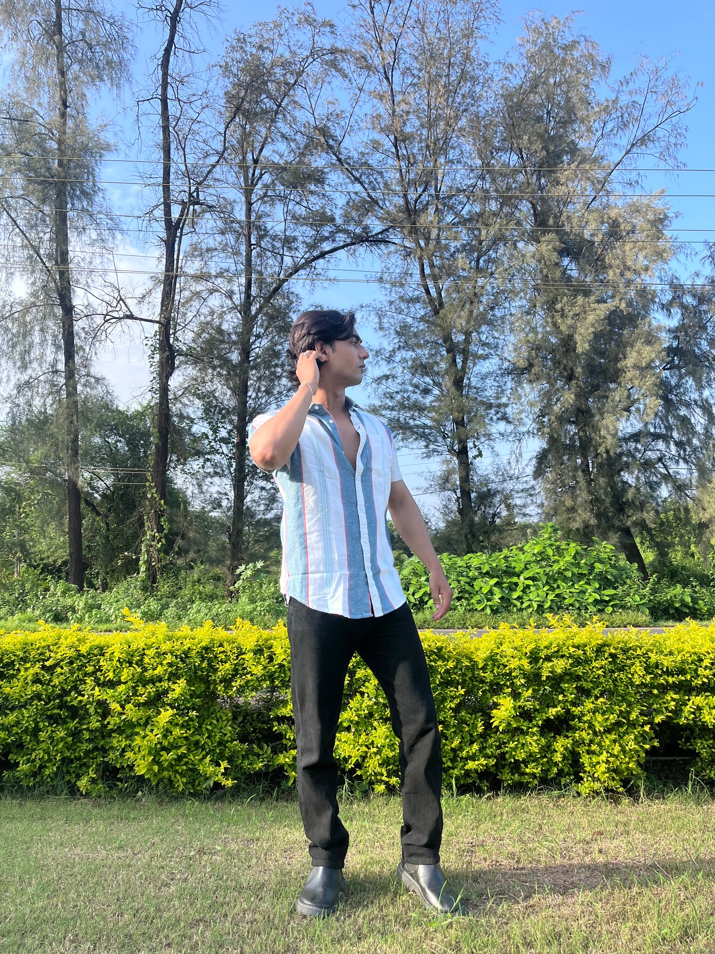 Half-Sleeve Pastel Multi-Stripe Cotton Shirt