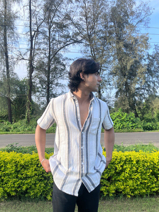 Half-Sleeve Beige Multi-Stripe Textured Shirt