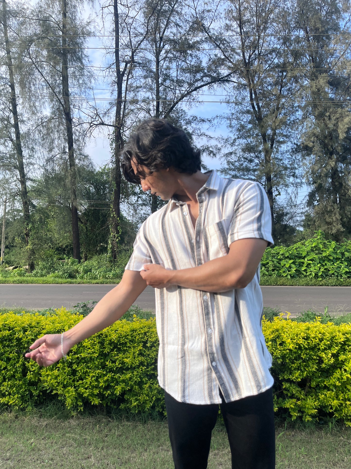 Half-Sleeve Beige Multi-Stripe Textured Shirt