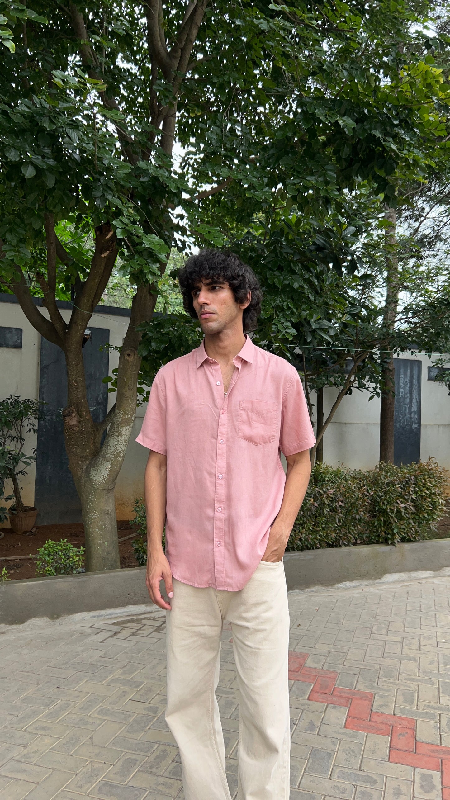 Pink Textured Cotton Half Sleeves Shirt