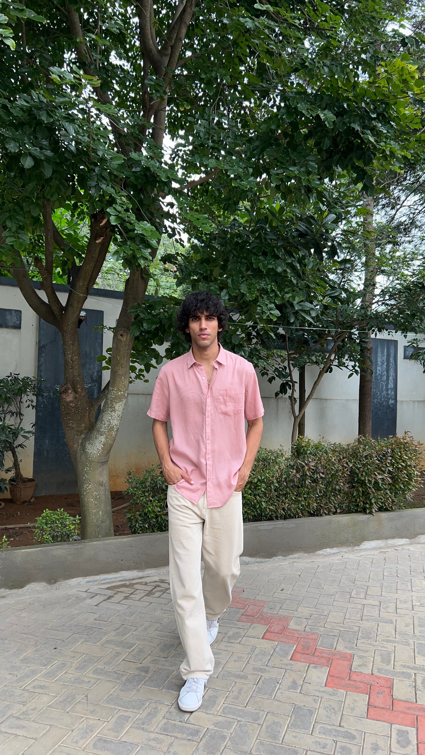 Pink Textured Cotton Half Sleeves Shirt