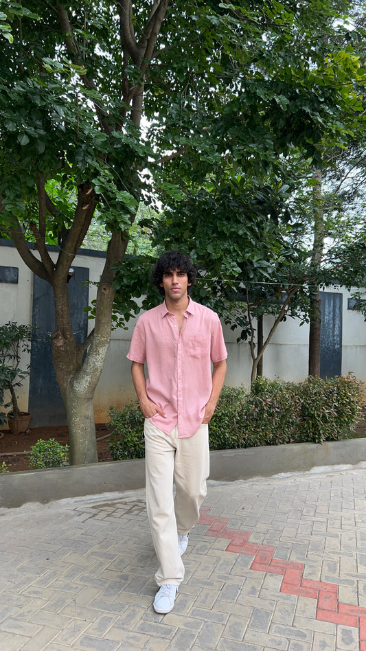 Pink Textured Cotton Half Sleeves Shirt