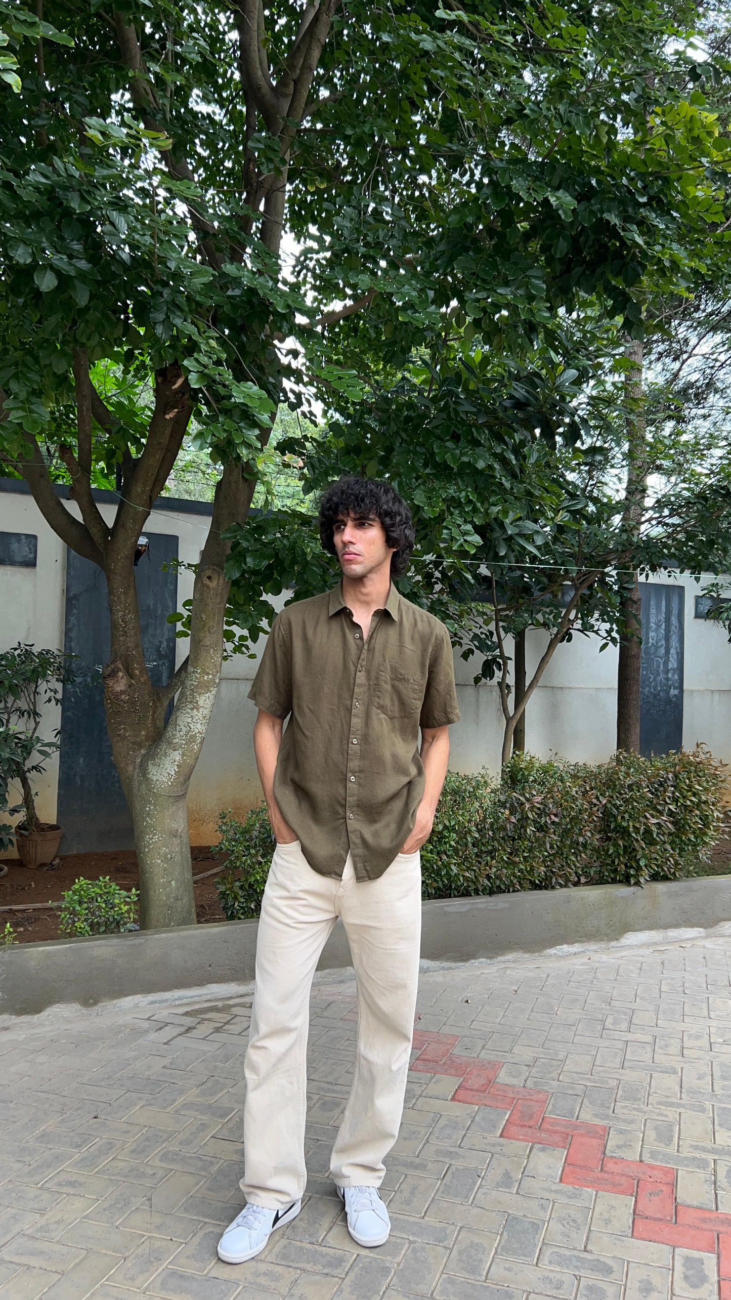 Olive Green Textured Cotton Half Sleeves Shirt