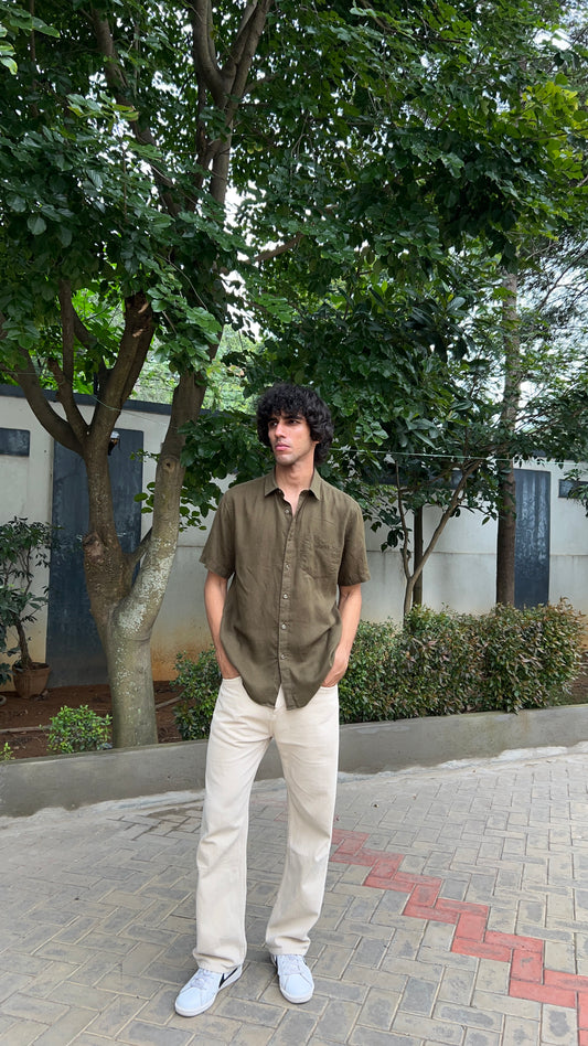 Olive Green Textured Cotton Half Sleeves Shirt