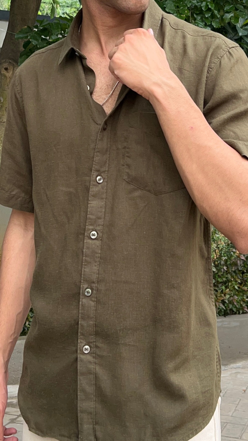 Olive Green Textured Cotton Half Sleeves Shirt