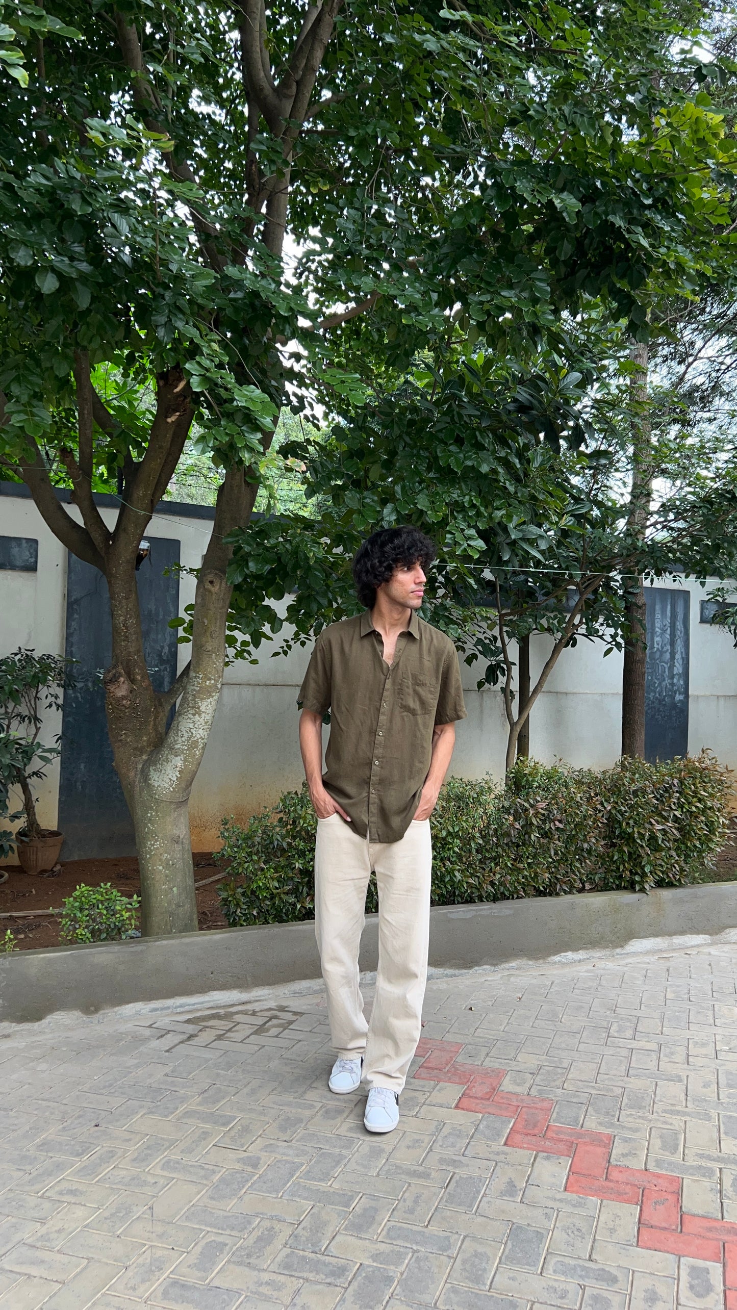 Olive Green Textured Cotton Half Sleeves Shirt