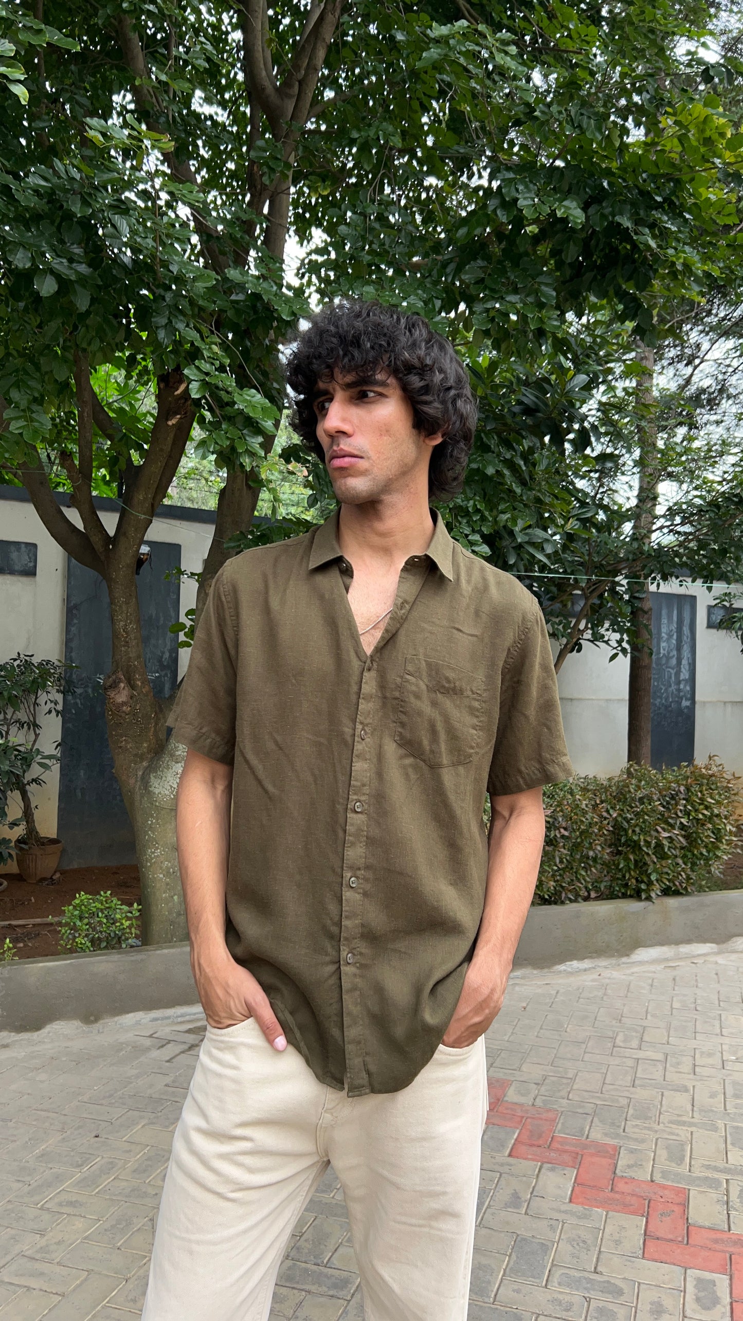 Olive Green Textured Cotton Half Sleeves Shirt