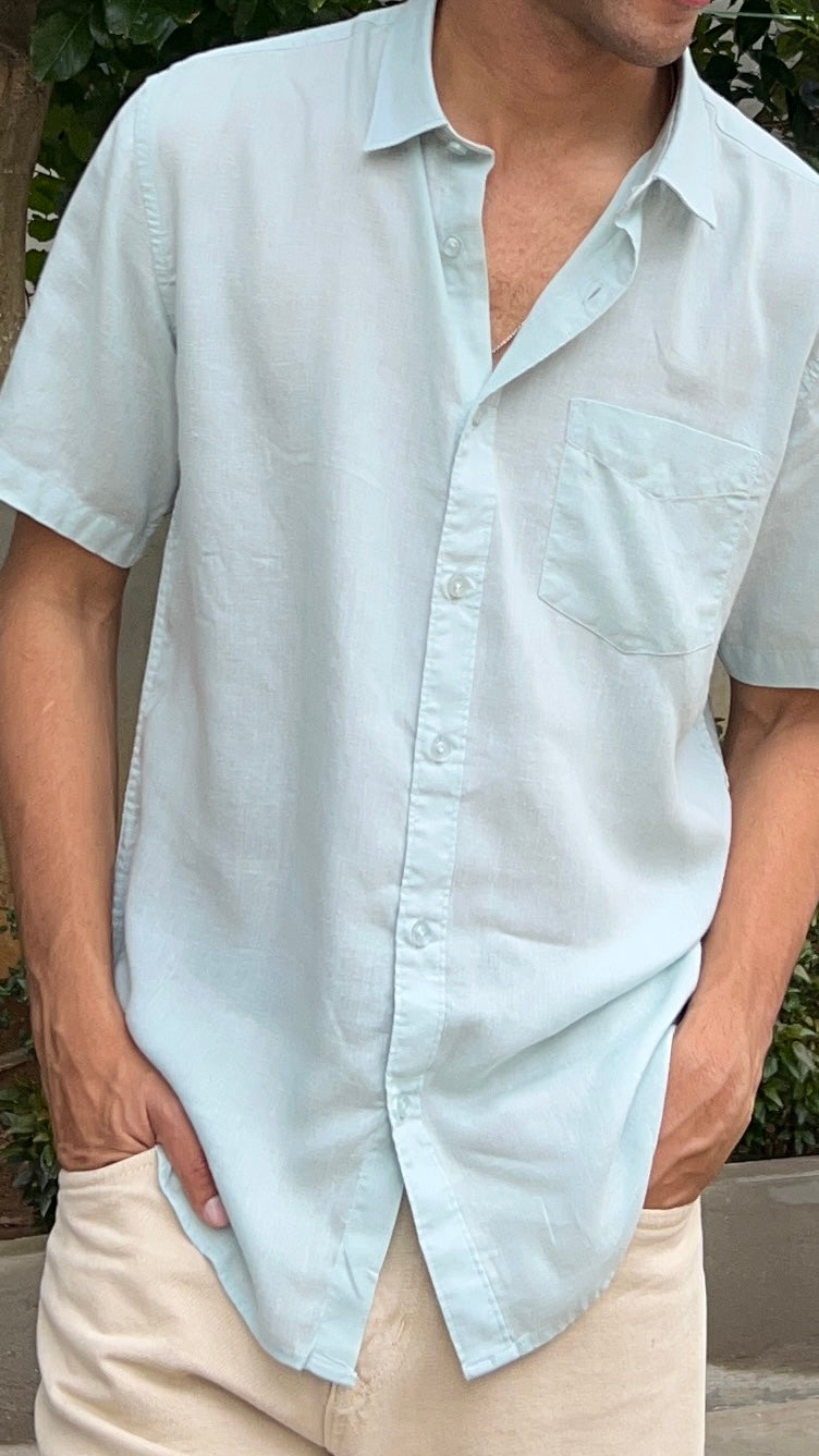 Sky Blue Textured Cotton Half Sleeves Shirt