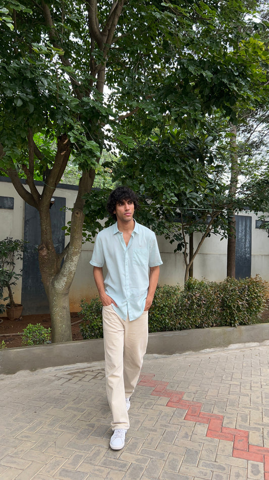 Sky Blue Textured Cotton Half Sleeves Shirt