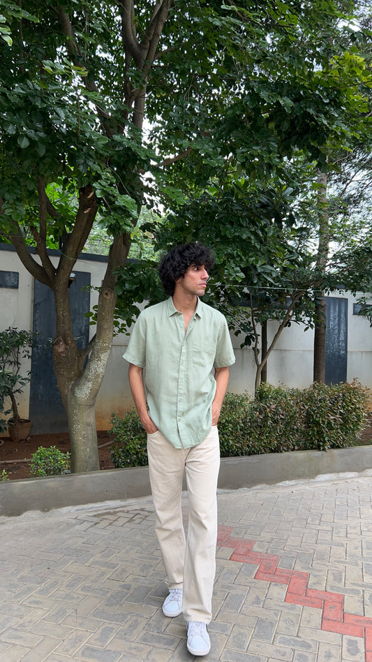 Mint Green Textured Cotton Half Sleeves Shirt