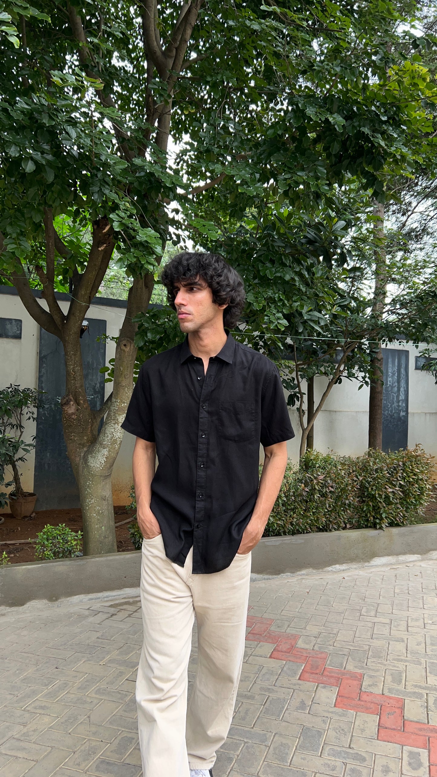 Black Textured Cotton Half Sleeves Shirt