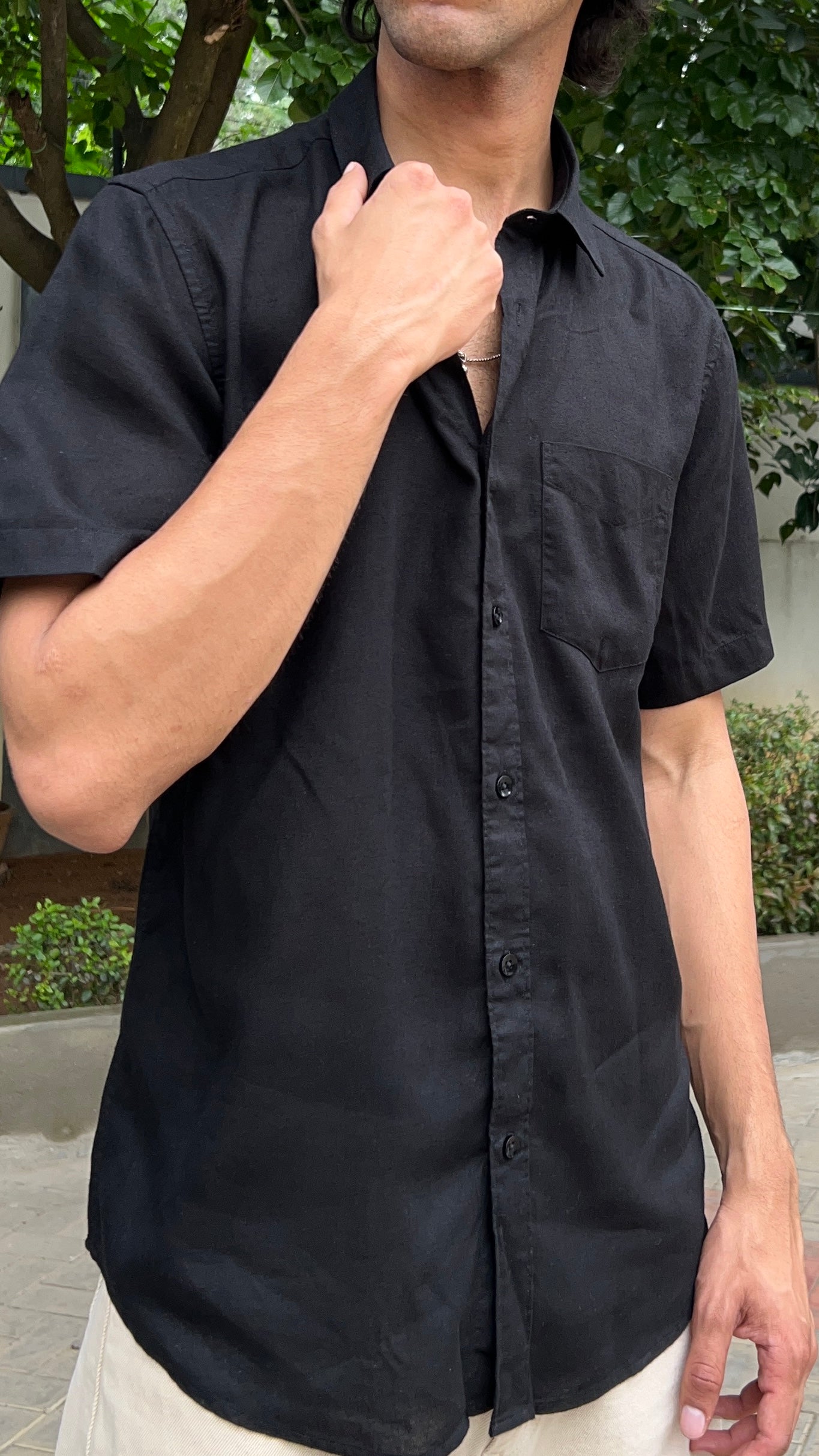 Black Textured Cotton Half Sleeves Shirt