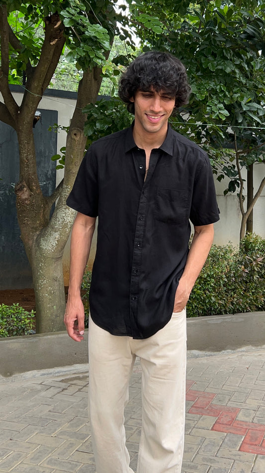 Black Textured Cotton Half Sleeves Shirt
