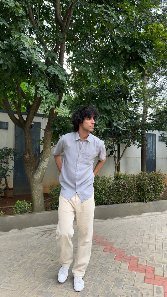 Light Grey Textured Cotton Half Sleeves Shirt