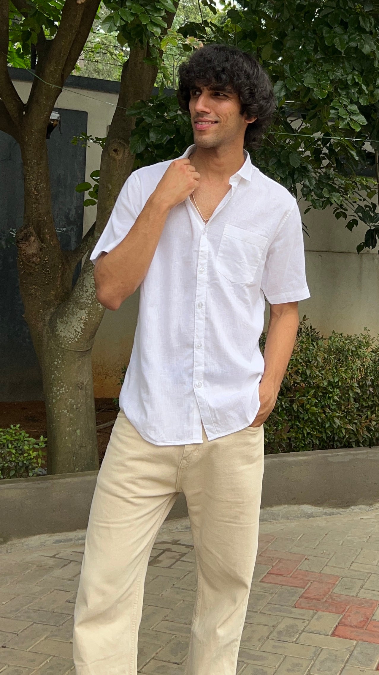 White Textured Cotton Half Sleeves Shirt