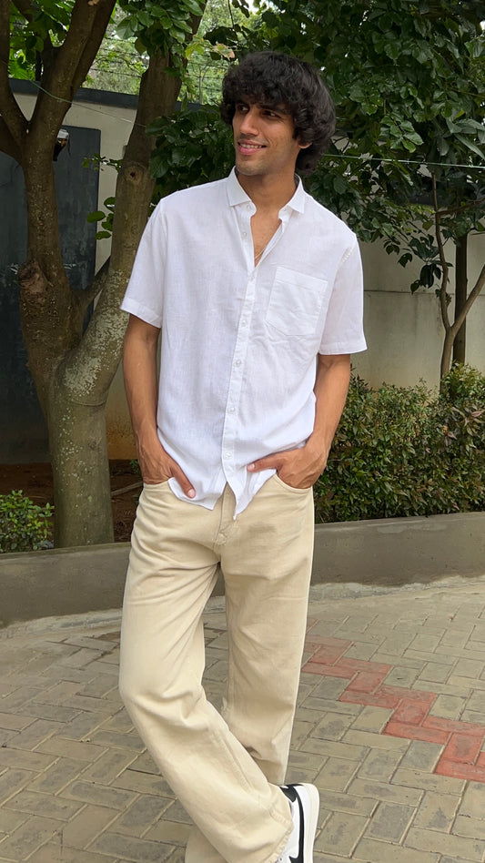 White Textured Cotton Half Sleeves Shirt