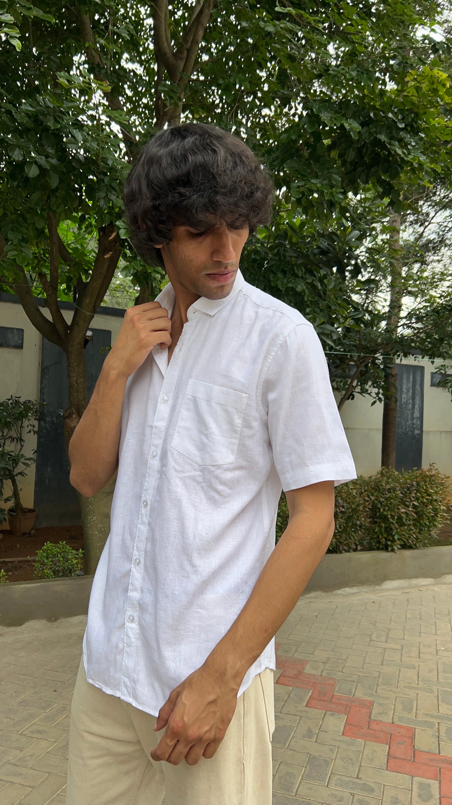 White Textured Cotton Half Sleeves Shirt