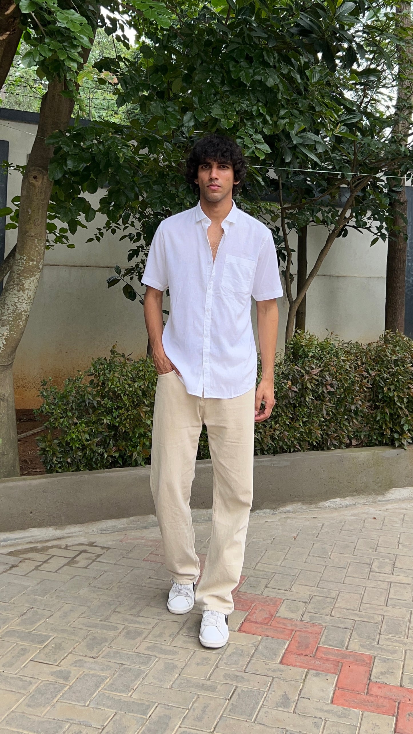 White Textured Cotton Half Sleeves Shirt