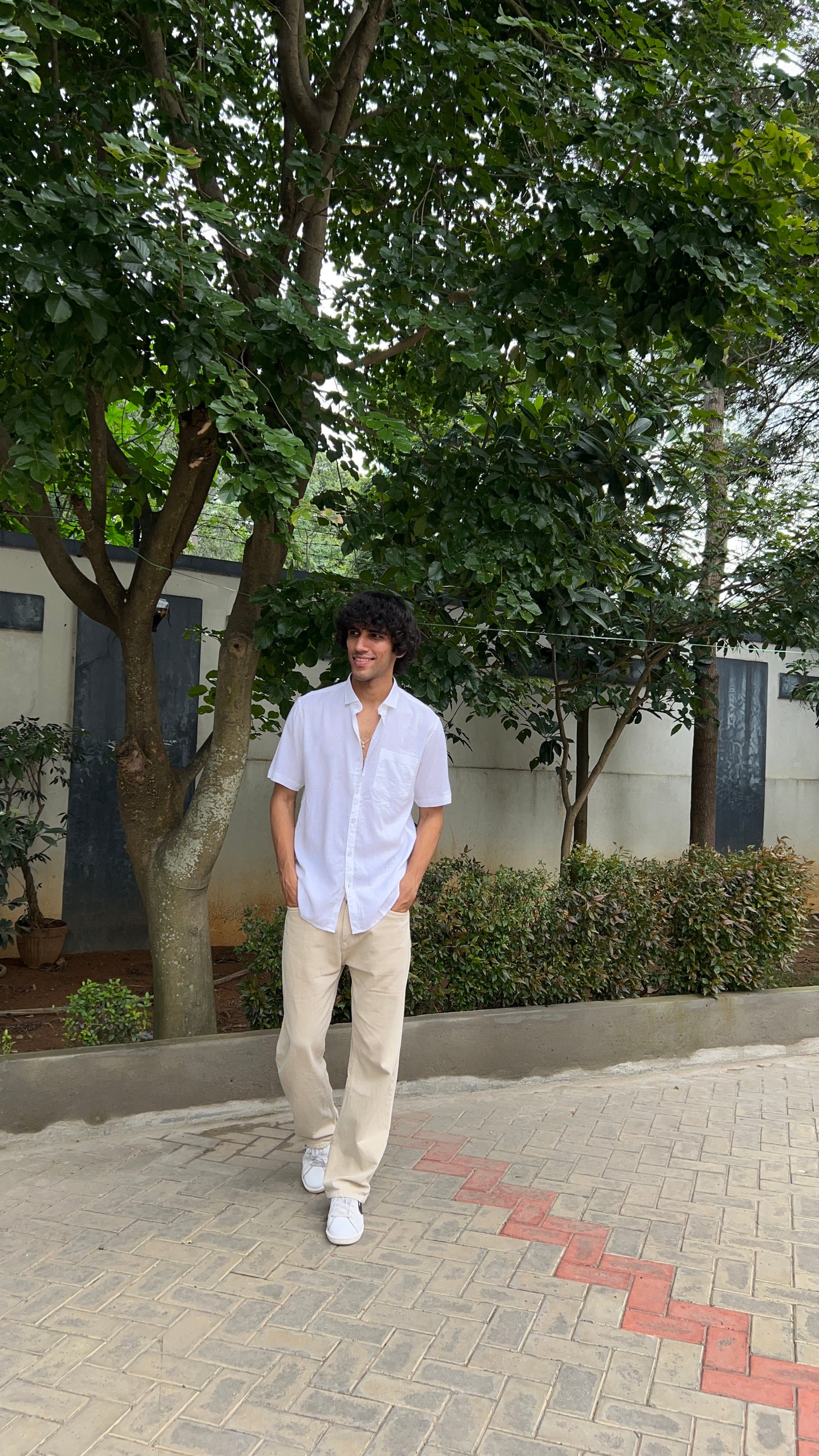 White Textured Cotton Half Sleeves Shirt