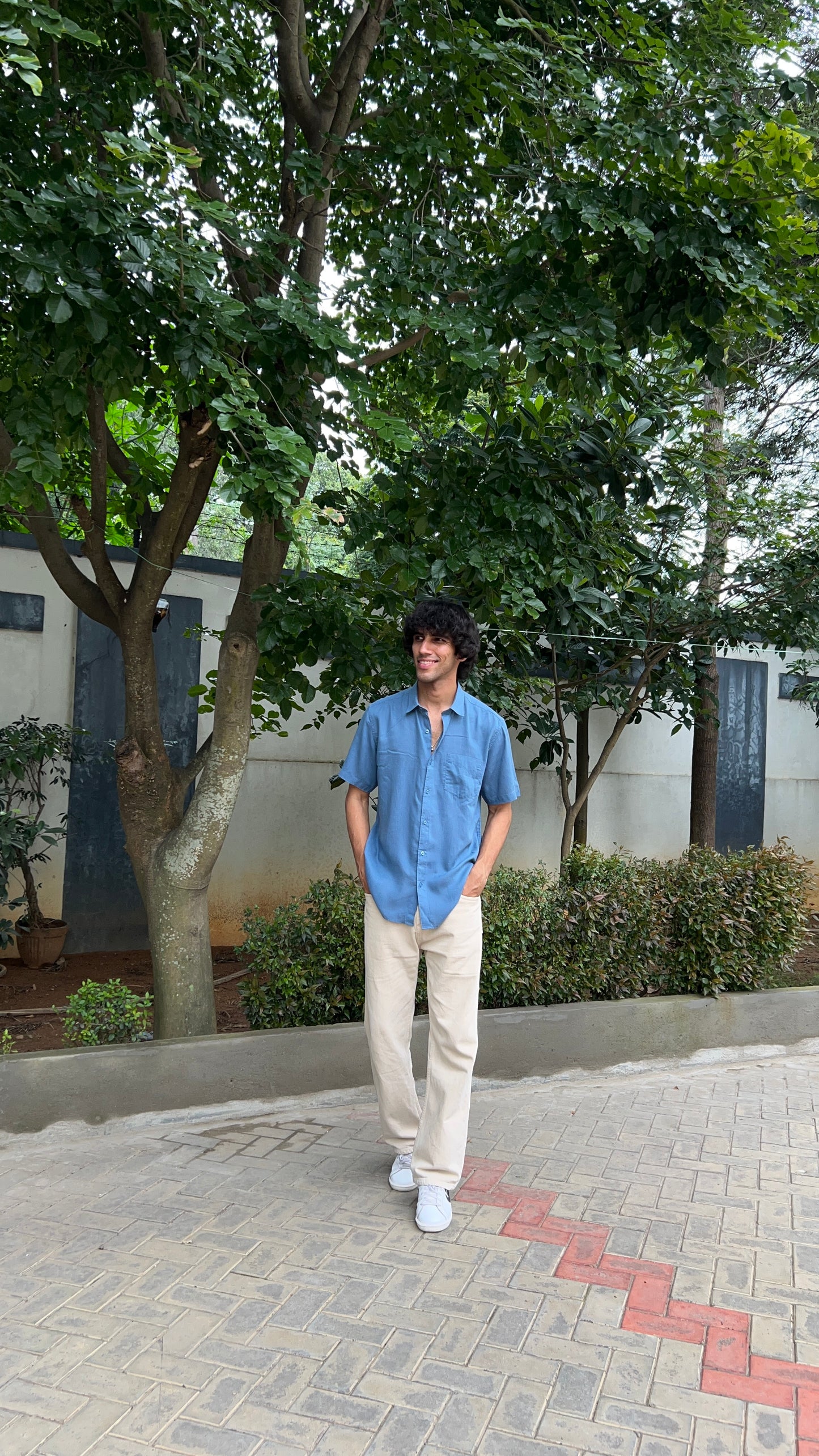 Blue Textured Cotton Half Sleeves Shirt