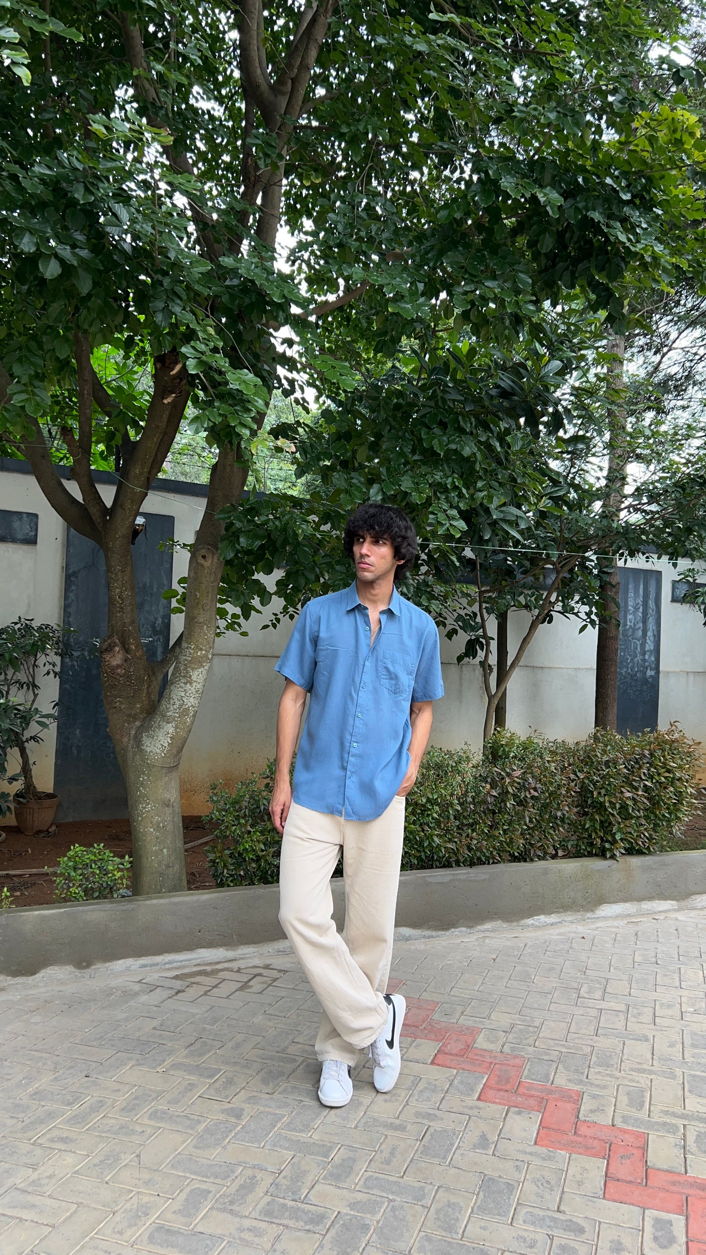 Blue Textured Cotton Half Sleeves Shirt