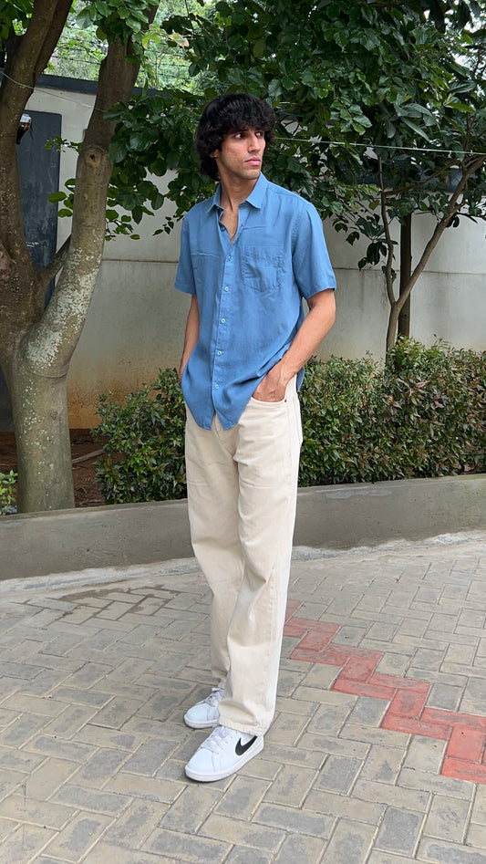 Blue Textured Cotton Half Sleeves Shirt