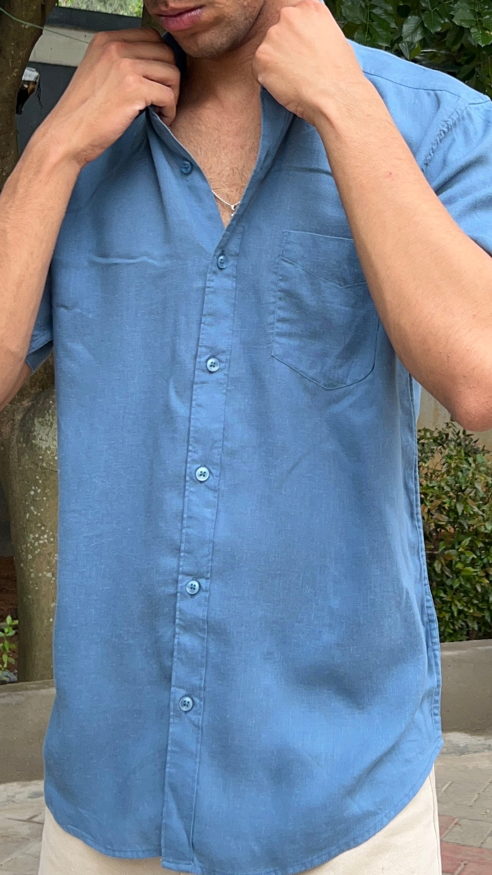 Blue Textured Cotton Half Sleeves Shirt