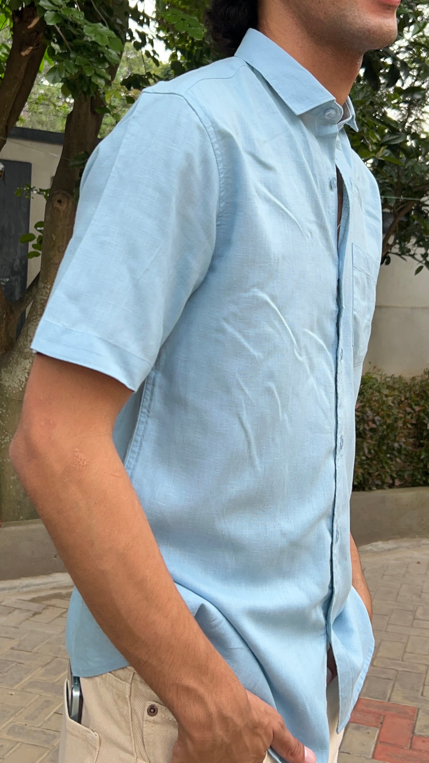 Light Blue Textured Cotton Half Sleeves Shirt