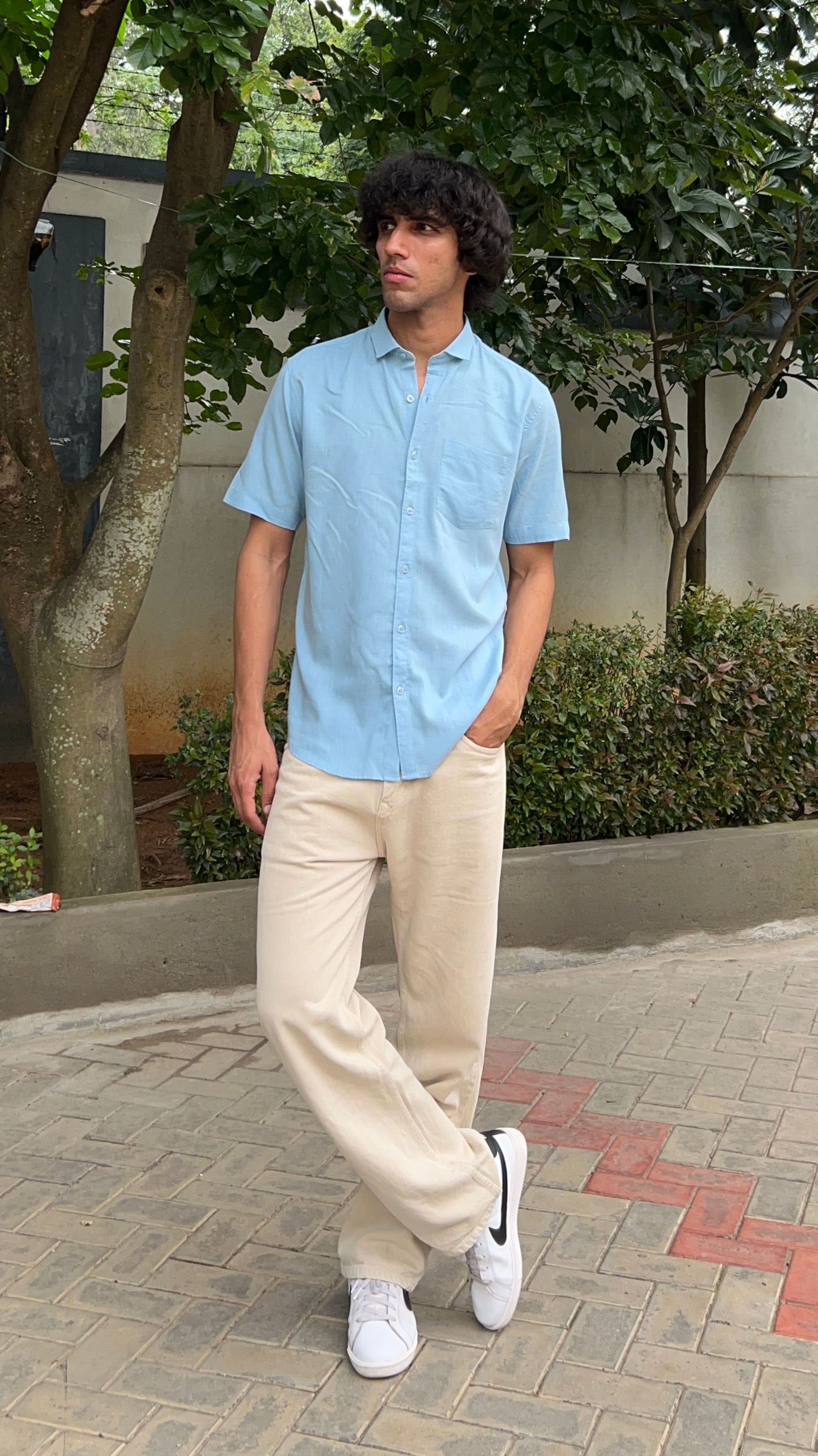 Light Blue Textured Cotton Half Sleeves Shirt